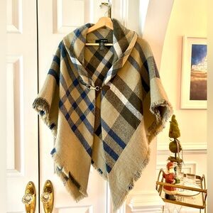 New Shawl Poncho Warm Plaid Tan Blue Black